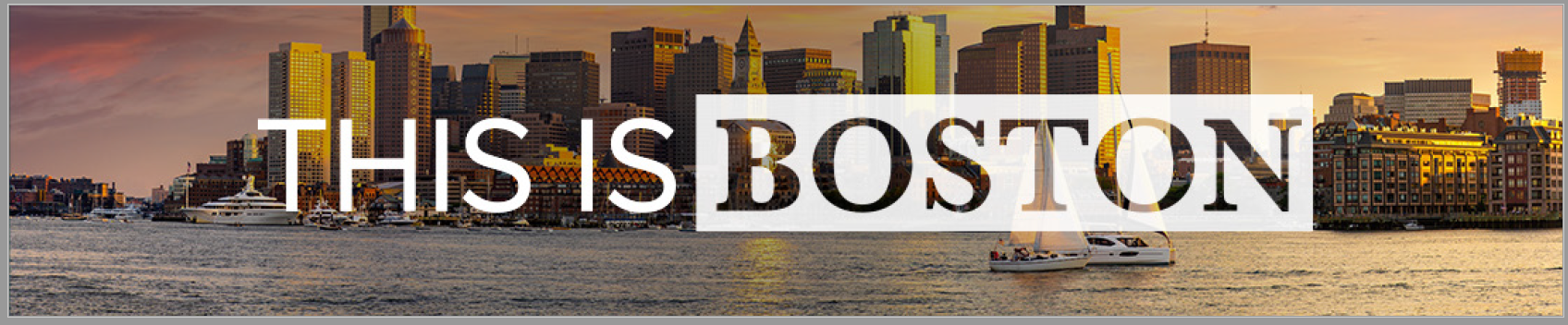 This is Boston, over a golden-hour skyline across the harbor